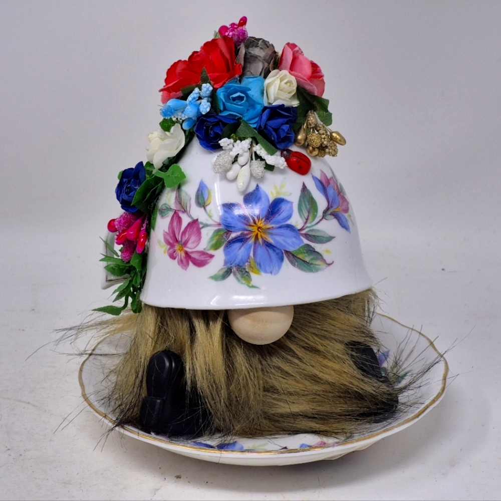 Hand Made Tea Cup Gnome Decorated With Flowers